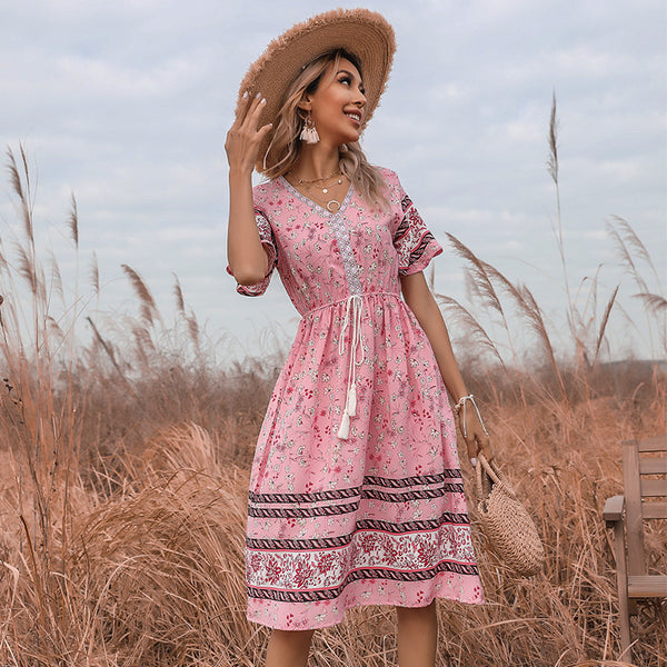Floral A-Line Midi Dress with V-Neck and Horn Sleeves