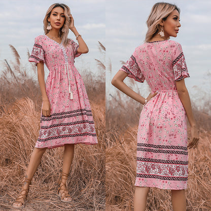 Floral A-Line Midi Dress with V-Neck and Horn Sleeves