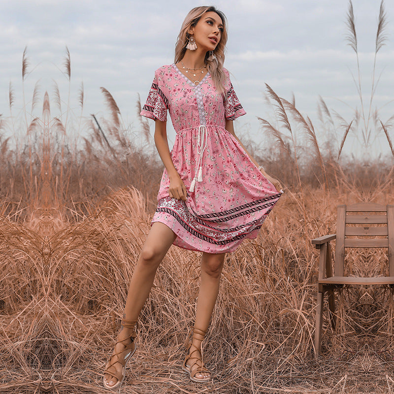 Floral A-Line Midi Dress with V-Neck and Horn Sleeves