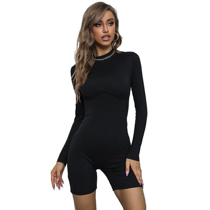 Ribbed Bodycon Romper with Long Sleeves and Mock Neck