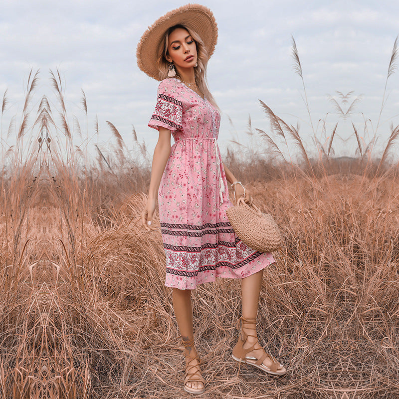 Floral A-Line Midi Dress with V-Neck and Horn Sleeves