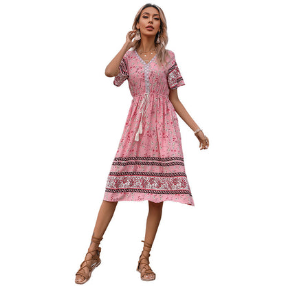 Floral A-Line Midi Dress with V-Neck and Horn Sleeves