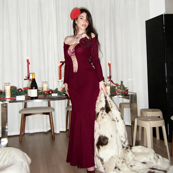 Bodycon Maxi Dress with Lace-Up Cut-Out and Rose Applique