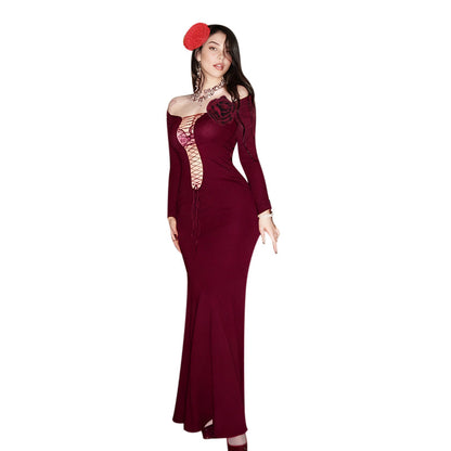 Bodycon Maxi Dress with Lace-Up Cut-Out and Rose Applique