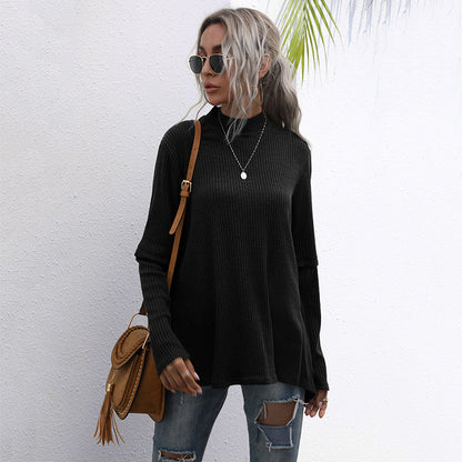 Loose Ribbed Pullover with Half-Turtleneck and Split Back