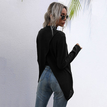 Loose Ribbed Pullover with Half-Turtleneck and Split Back