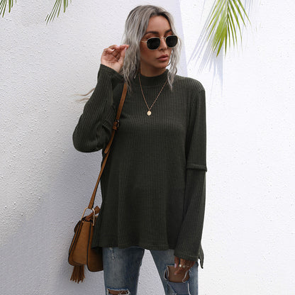Loose Ribbed Pullover with Half-Turtleneck and Split Back