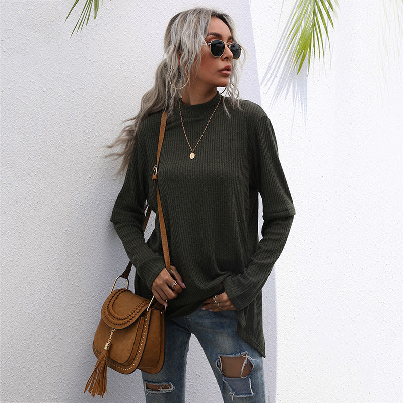Loose Ribbed Pullover with Half-Turtleneck and Split Back
