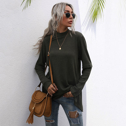 Loose Ribbed Pullover with Half-Turtleneck and Split Back