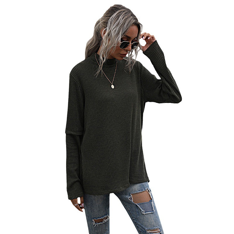 Loose Ribbed Pullover with Half-Turtleneck and Split Back