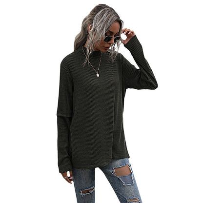 Loose Ribbed Pullover with Half-Turtleneck and Split Back