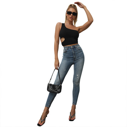 Solid One-Shoulder Crop Top with Side Cutout