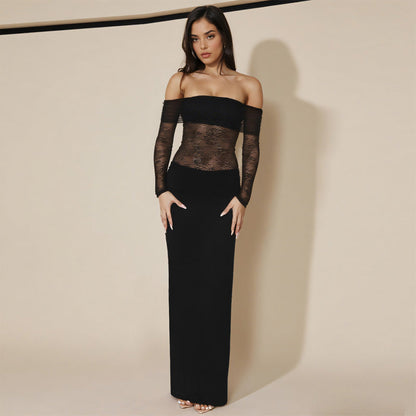 One-Shoulder Long Sleeve A-Line Dress With Slit Black