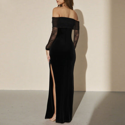 One-Shoulder Long Sleeve A-Line Dress With Slit Black