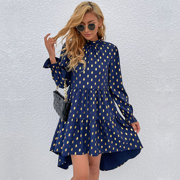 Gold Polka Dot A-Line Dress with Mock Neck and Tiered Skirt