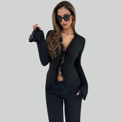 Slim-Fit Tie-Front Cardigan with Lace-Trimmed Bell Sleeves