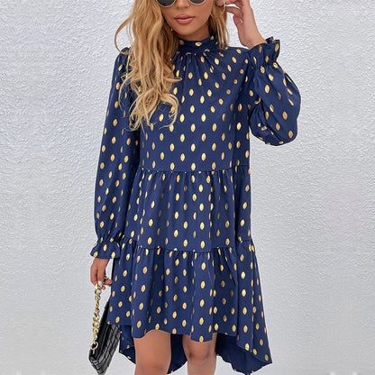 Gold Polka Dot A-Line Dress with Mock Neck and Tiered Skirt