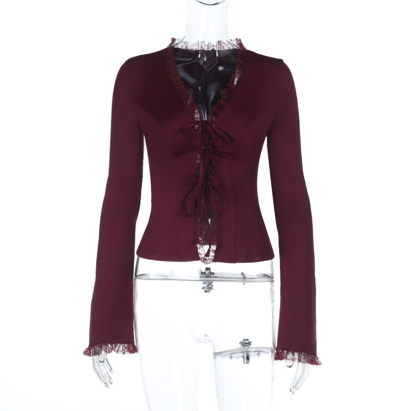 Slim-Fit Tie-Front Cardigan with Lace-Trimmed Bell Sleeves