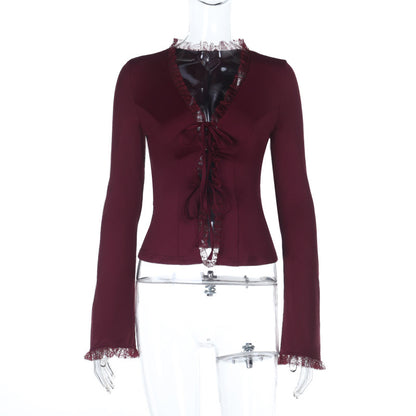 Slim-Fit Tie-Front Cardigan with Lace-Trimmed Bell Sleeves