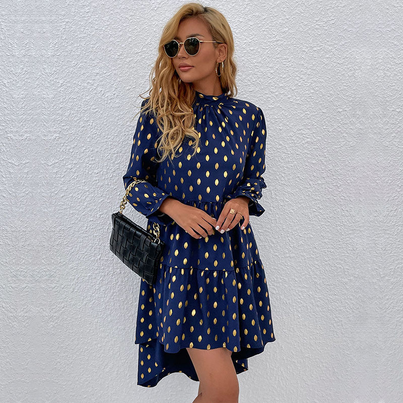 Gold Polka Dot A-Line Dress with Mock Neck and Tiered Skirt