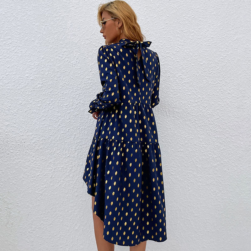 Gold Polka Dot A-Line Dress with Mock Neck and Tiered Skirt
