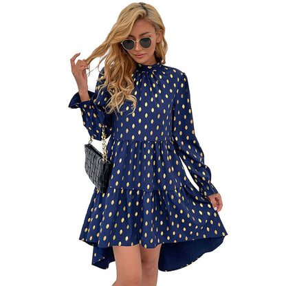 Gold Polka Dot A-Line Dress with Mock Neck and Tiered Skirt