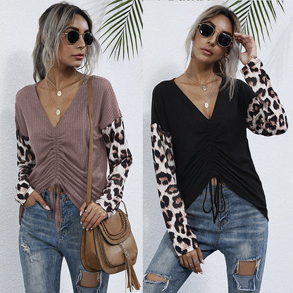 Leopard Print Knit Top with V-Neck and Ruched Drawstring