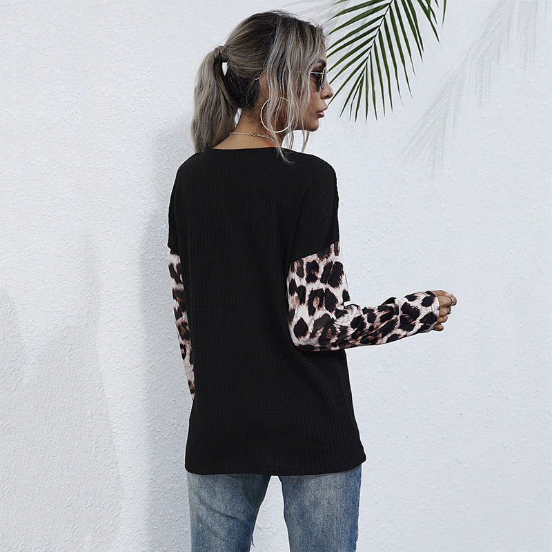 Leopard Print Knit Top with V-Neck and Ruched Drawstring