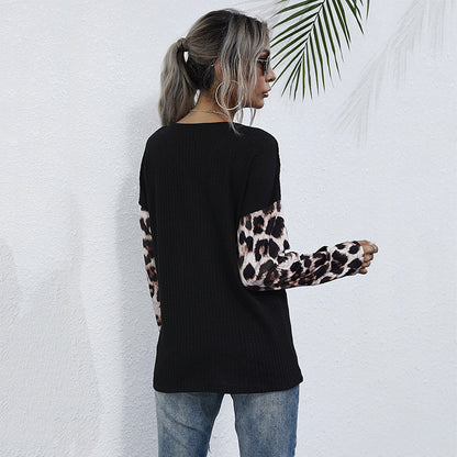 Leopard Print Knit Top with V-Neck and Ruched Drawstring