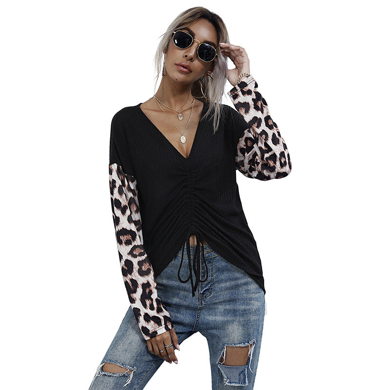 Leopard Print Knit Top with V-Neck and Ruched Drawstring