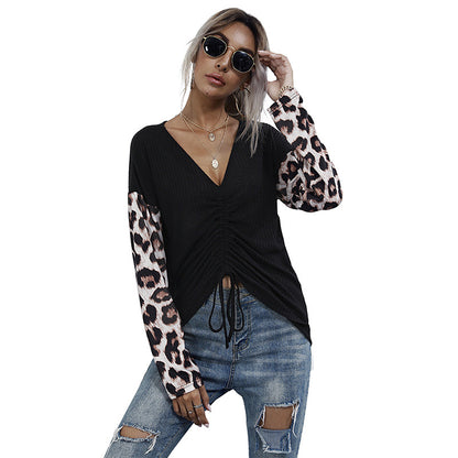 Leopard Print Knit Top with V-Neck and Ruched Drawstring