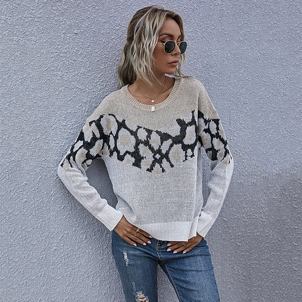 Oversized Zebra Pattern Crewneck Sweater with Side Slits