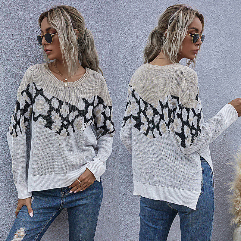 Oversized Zebra Pattern Crewneck Sweater with Side Slits
