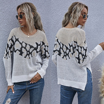 Oversized Zebra Pattern Crewneck Sweater with Side Slits
