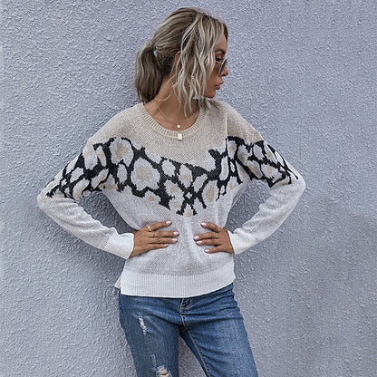 Oversized Zebra Pattern Crewneck Sweater with Side Slits