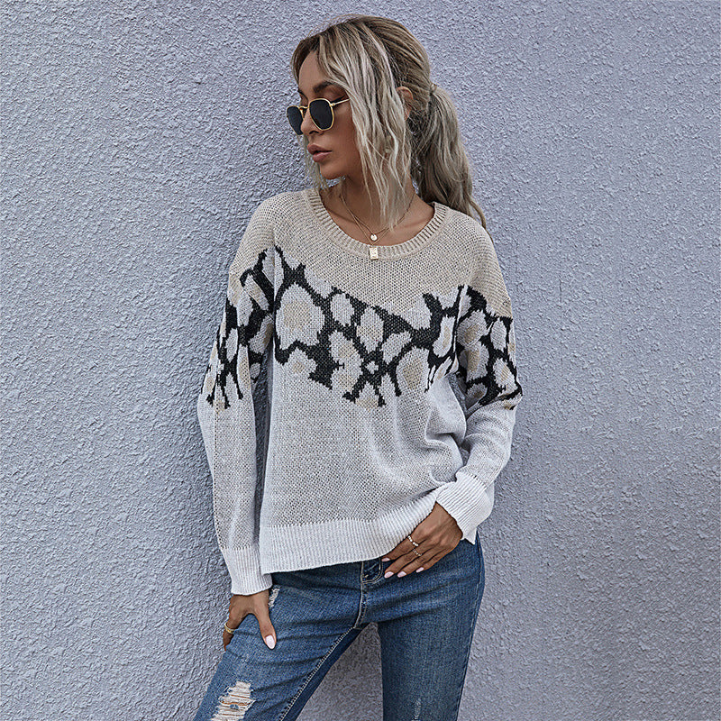 Oversized Zebra Pattern Crewneck Sweater with Side Slits