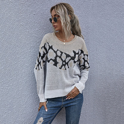Oversized Zebra Pattern Crewneck Sweater with Side Slits