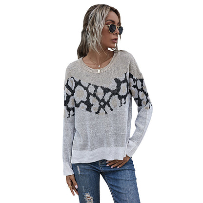 Oversized Zebra Pattern Crewneck Sweater with Side Slits