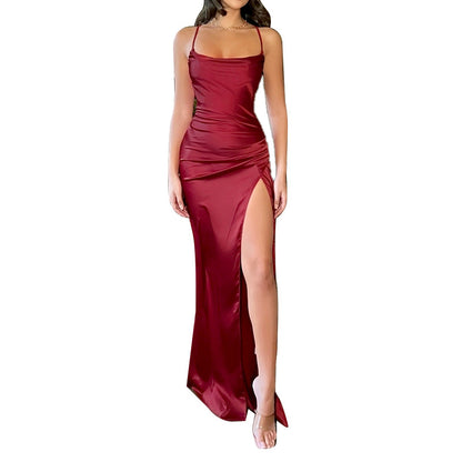 Bodycon Satin Maxi Dress with Cowl Neck and High Slit
