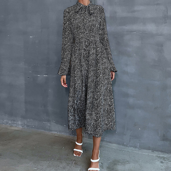 Printed A-Line Midi Dress with Scarf Collar and Long Sleeves