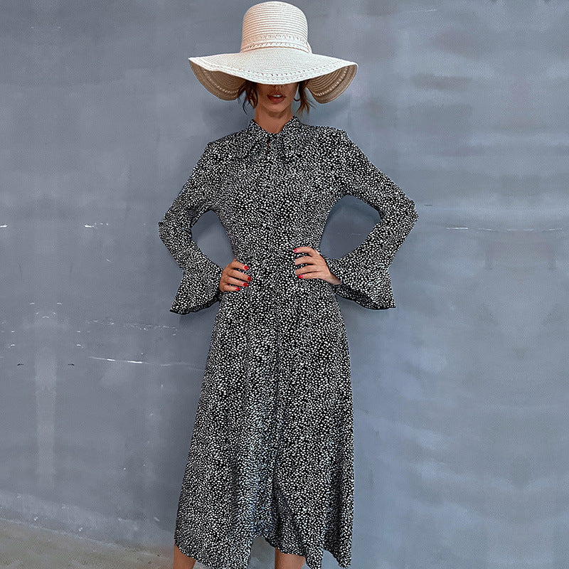 Printed A-Line Midi Dress with Scarf Collar and Long Sleeves