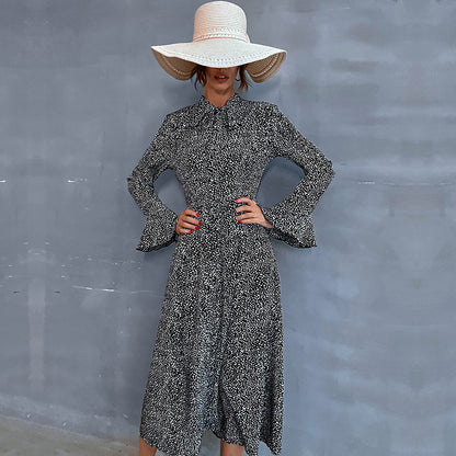 Printed A-Line Midi Dress with Scarf Collar and Long Sleeves