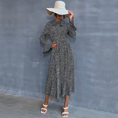 Printed A-Line Midi Dress with Scarf Collar and Long Sleeves