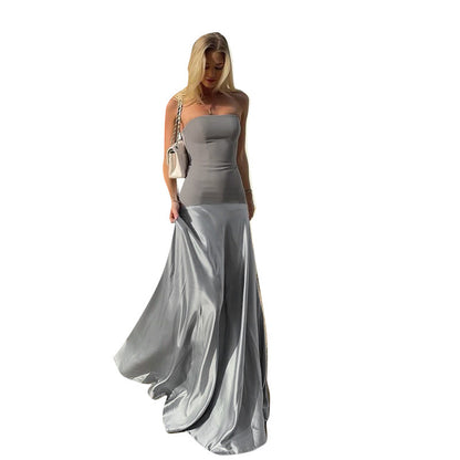 Strapless Two-Tone Maxi Dress with Spliced Satin Skirt