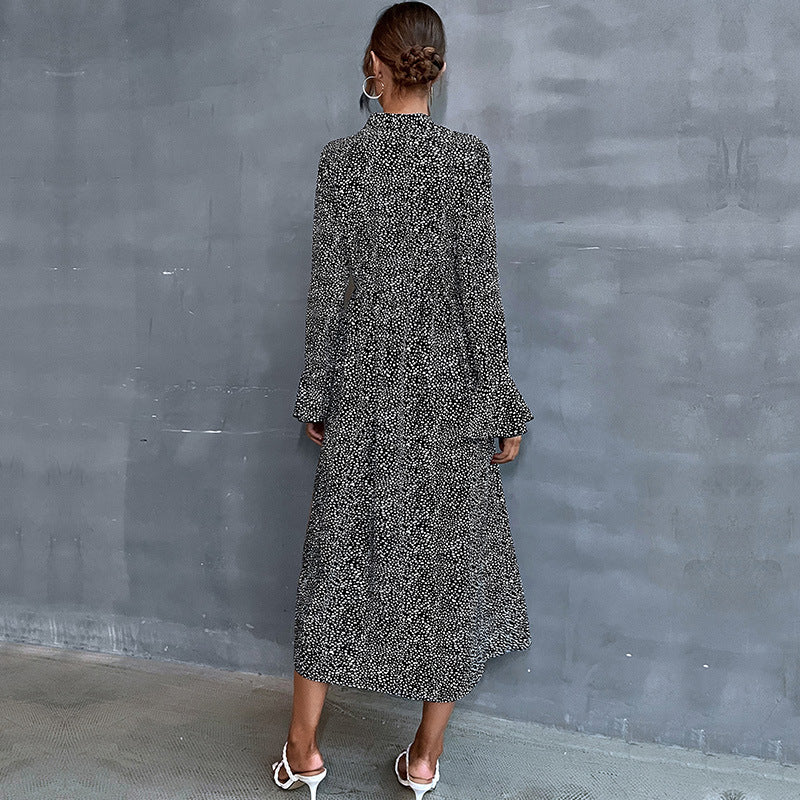 Printed A-Line Midi Dress with Scarf Collar and Long Sleeves
