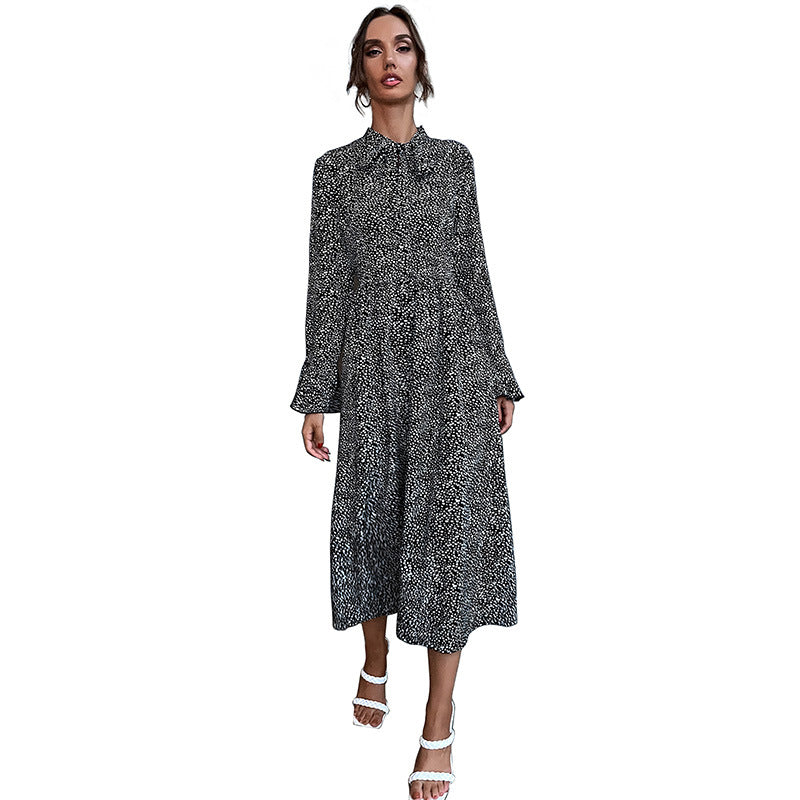 Printed A-Line Midi Dress with Scarf Collar and Long Sleeves