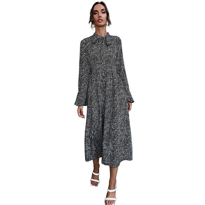 Printed A-Line Midi Dress with Scarf Collar and Long Sleeves