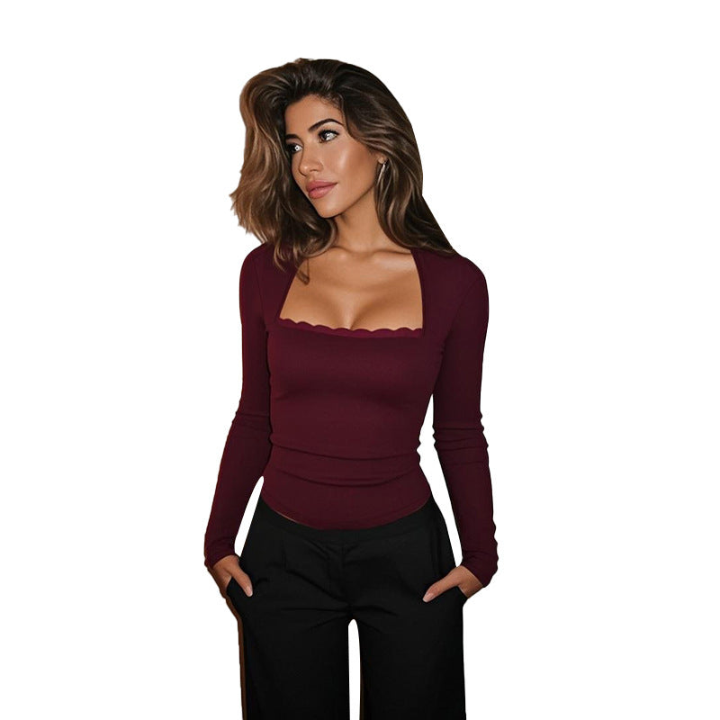 Slim Fit Square Neck Top with Scalloped Trim and Long Sleeves