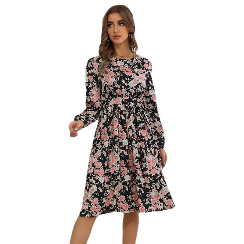 Floral Print A-Line Midi Dress with Long Sleeves and Tie Waist