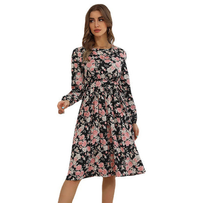 Floral Print A-Line Midi Dress with Long Sleeves and Tie Waist